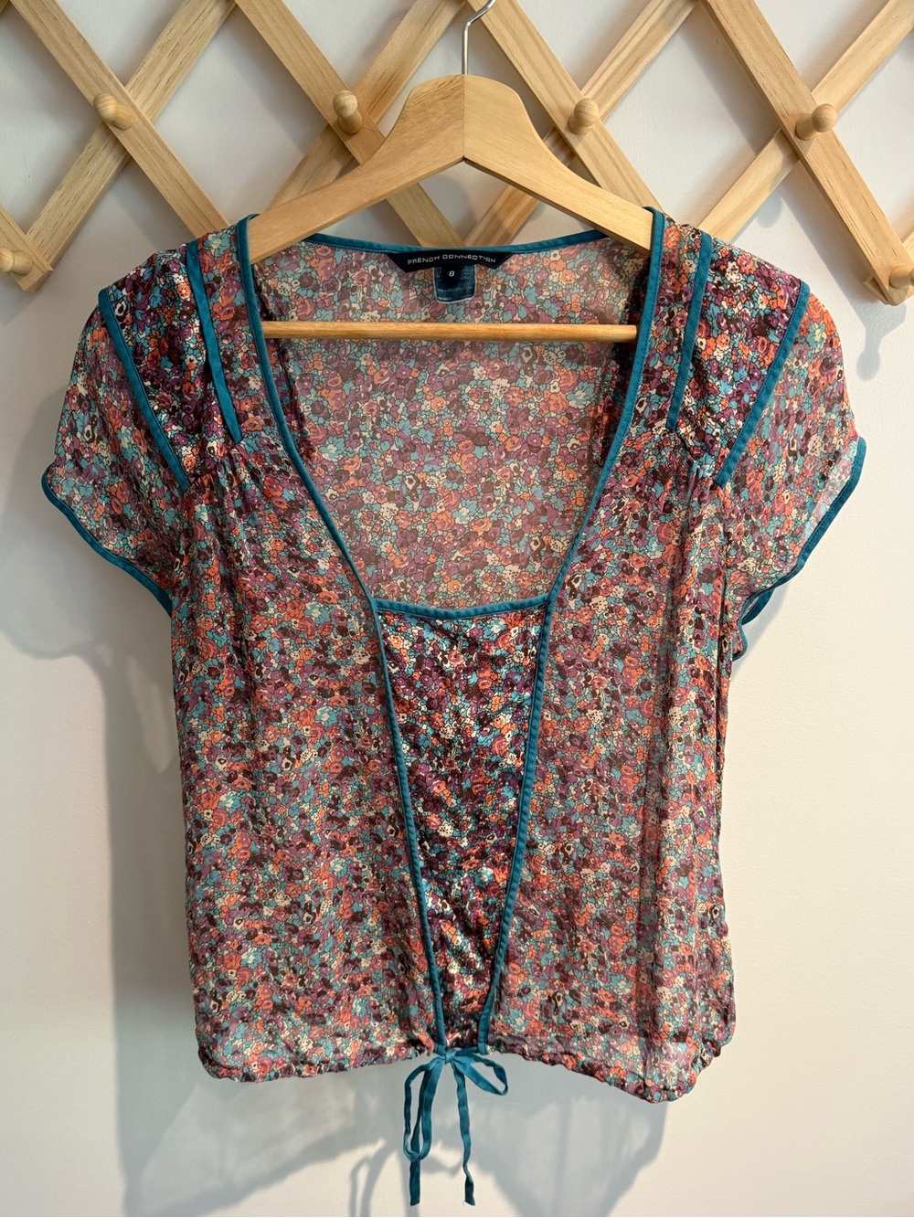 French Connection Teal-Trim Silk Floral Short Sleeve Blouse